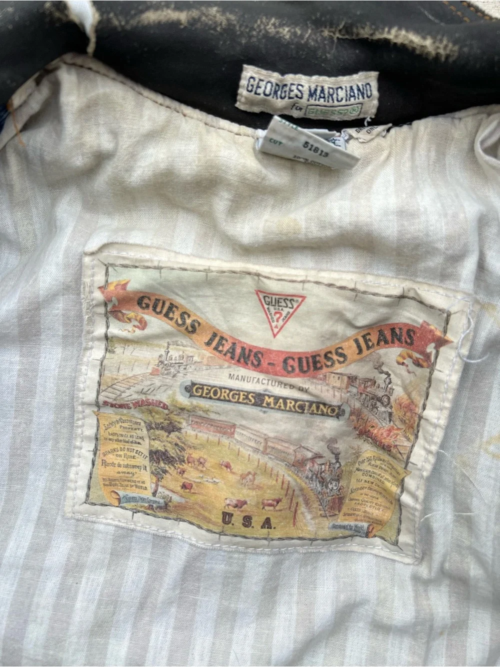 Vintage GUESS GEORGES MARCIANO Men's L 80's Retro Leather Denim Jacket Acid Wash